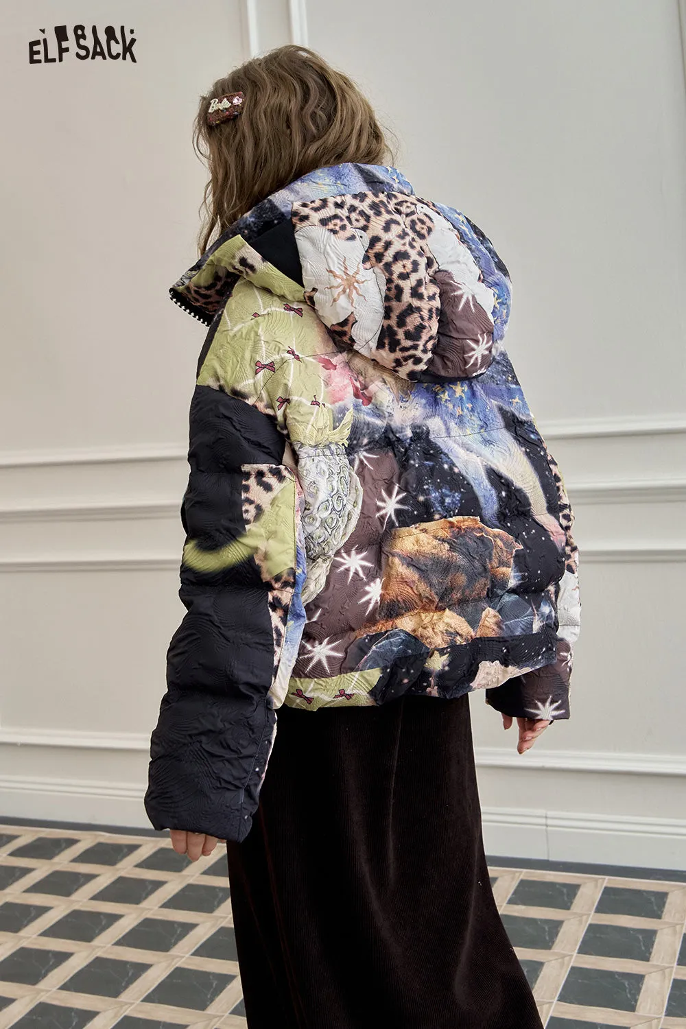 ELFSACK 2024 Winter New Arrivals Full printed cartoon casual short hooded down jacket for women