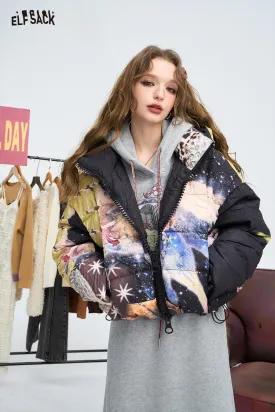 ELFSACK 2024 Winter New Arrivals Full printed cartoon casual short hooded down jacket for women