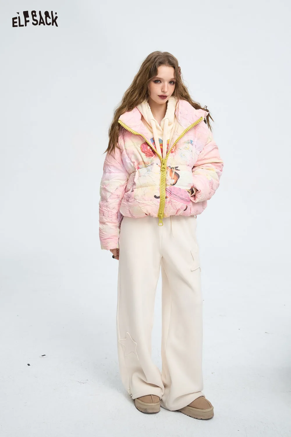 ELFSACK 2024 Winter New Arrivals Full printed cartoon casual short hooded down jacket for women