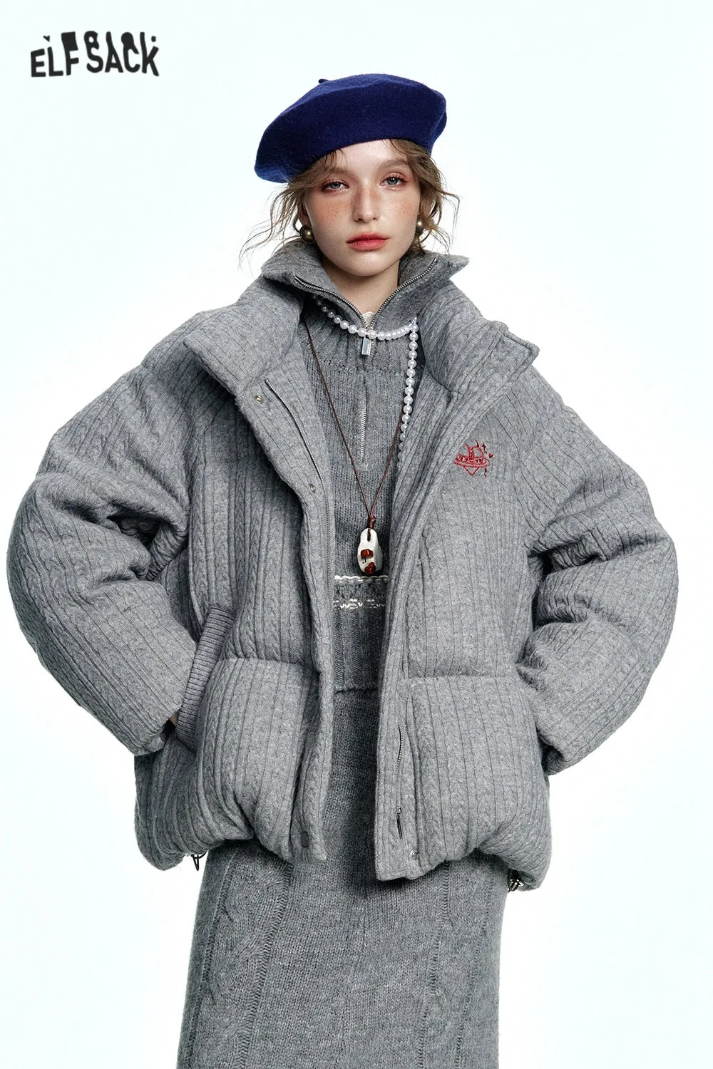 ELFSACK 2024 Winter New Arrivals Grey Stand Collar Knitted Warm Short Down Jacket for Women