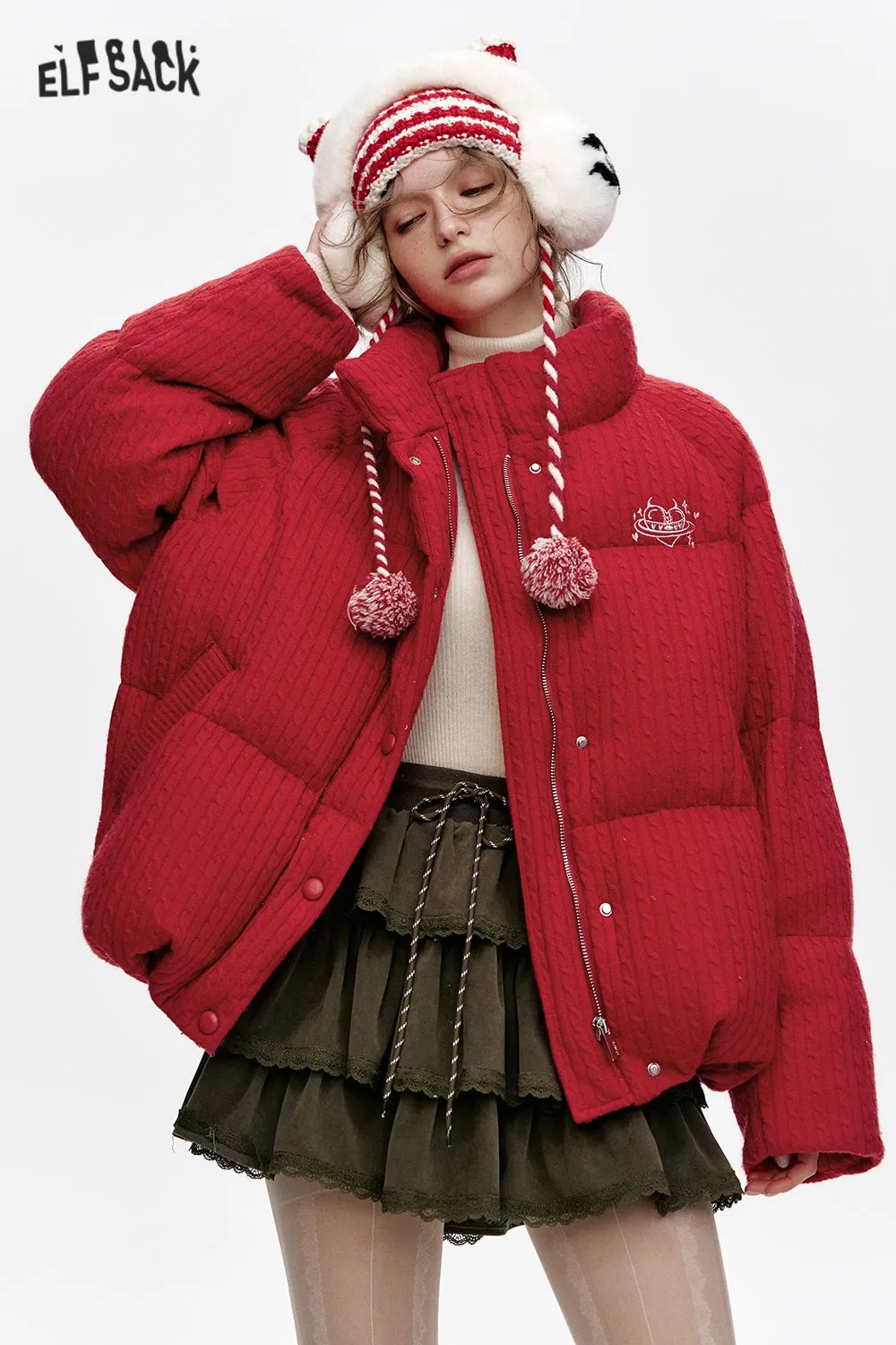 ELFSACK 2024 Winter New Arrivals Grey Stand Collar Knitted Warm Short Down Jacket for Women