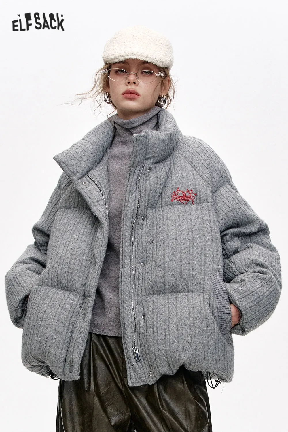 ELFSACK 2024 Winter New Arrivals Grey Stand Collar Knitted Warm Short Down Jacket for Women