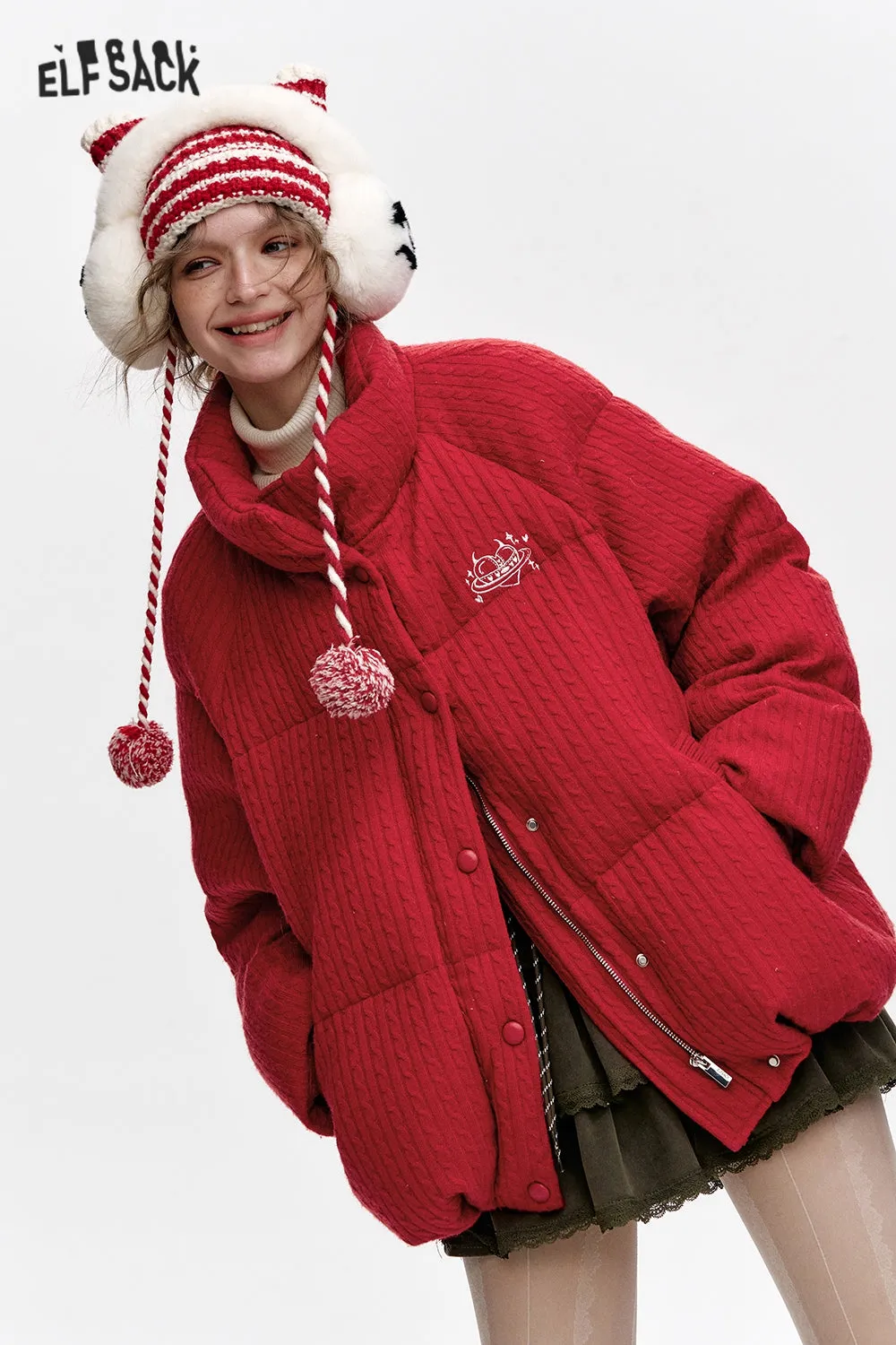 ELFSACK 2024 Winter New Arrivals Grey Stand Collar Knitted Warm Short Down Jacket for Women