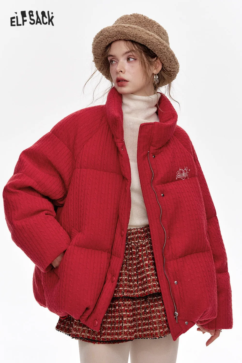 ELFSACK 2024 Winter New Arrivals Grey Stand Collar Knitted Warm Short Down Jacket for Women