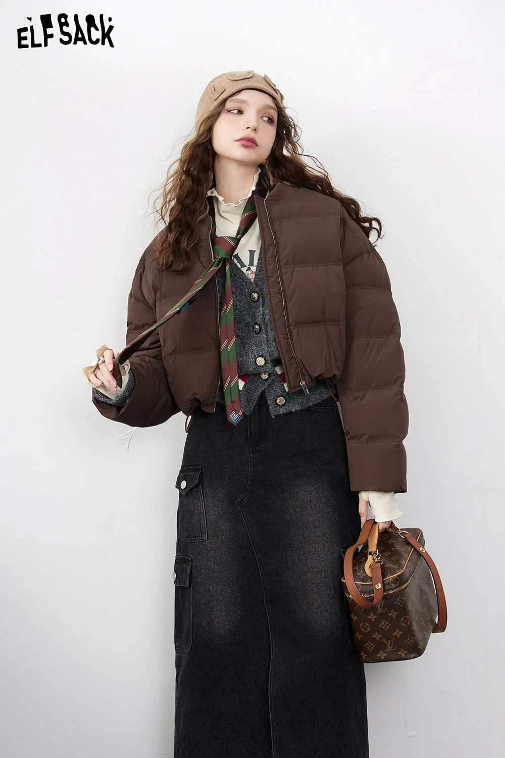 ELFSACK Solid Pure Short Down Jacket Women 2023 Winter Minimalist Coats