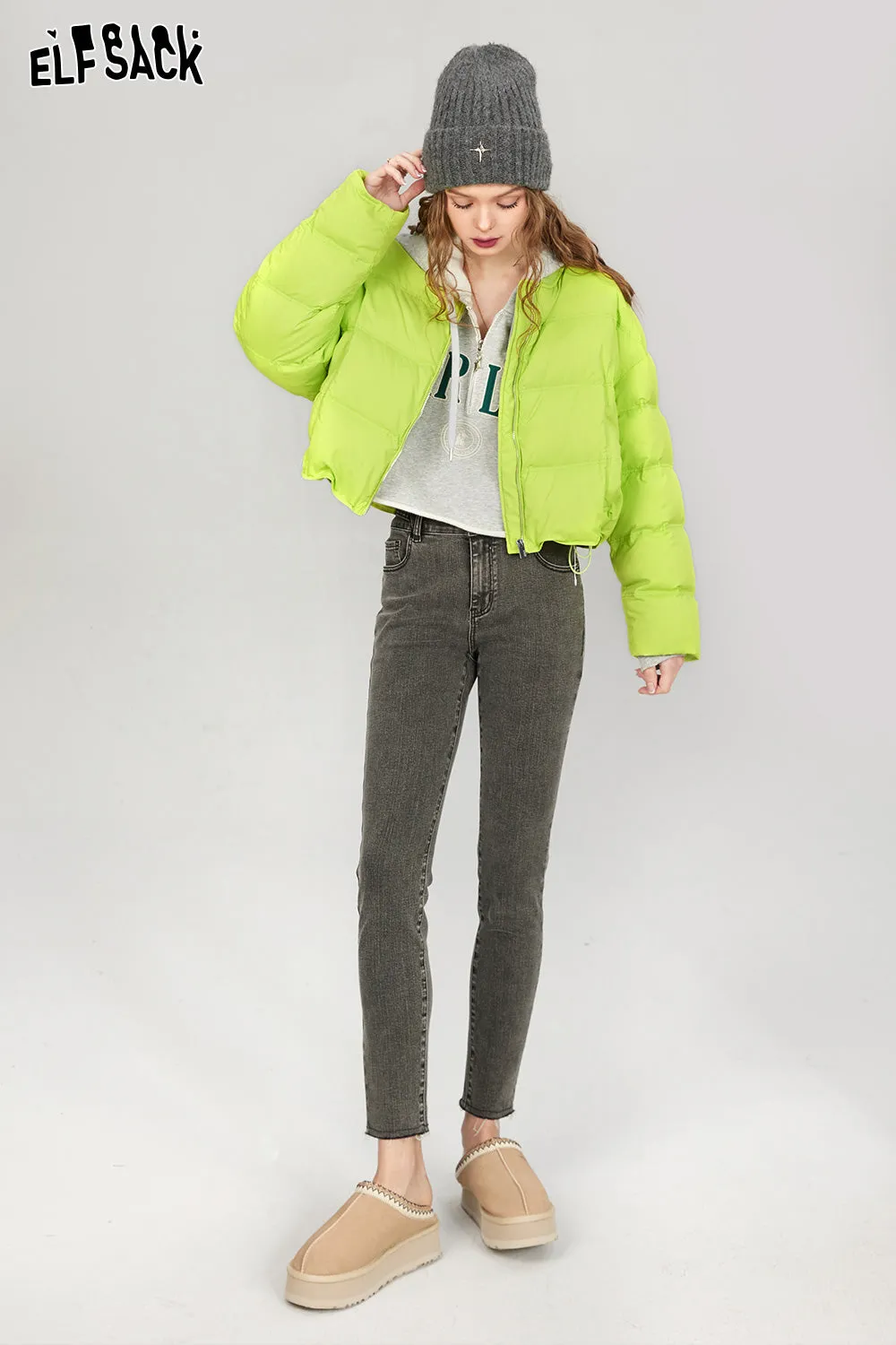 ELFSACK Solid Pure Short Down Jacket Women 2023 Winter Minimalist Coats