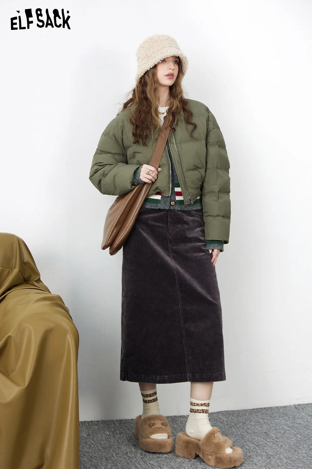 ELFSACK Solid Pure Short Down Jacket Women 2023 Winter Minimalist Coats