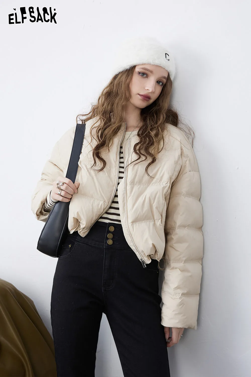 ELFSACK Solid Pure Short Down Jacket Women 2023 Winter Minimalist Coats