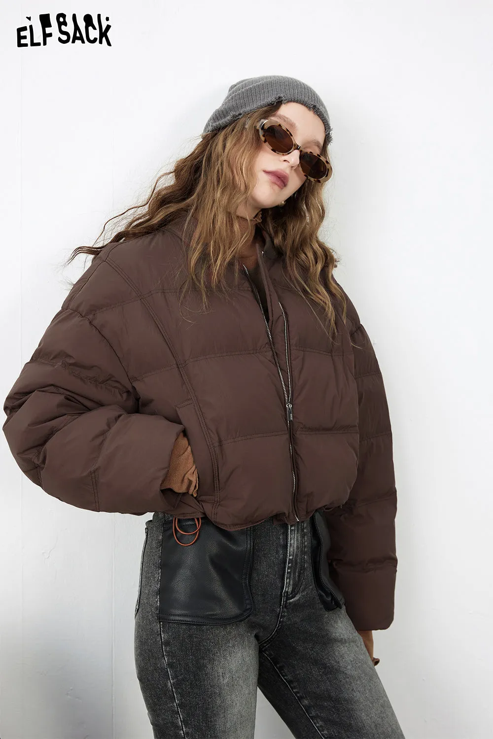 ELFSACK Solid Pure Short Down Jacket Women 2023 Winter Minimalist Coats