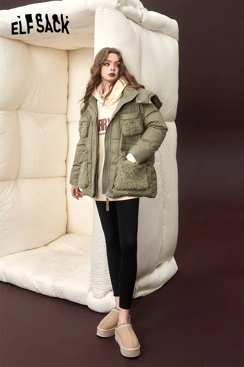 ELFSACK Spliced Thick Down Coats Women 2023 Winter New Korean Fashion Designer Jackets