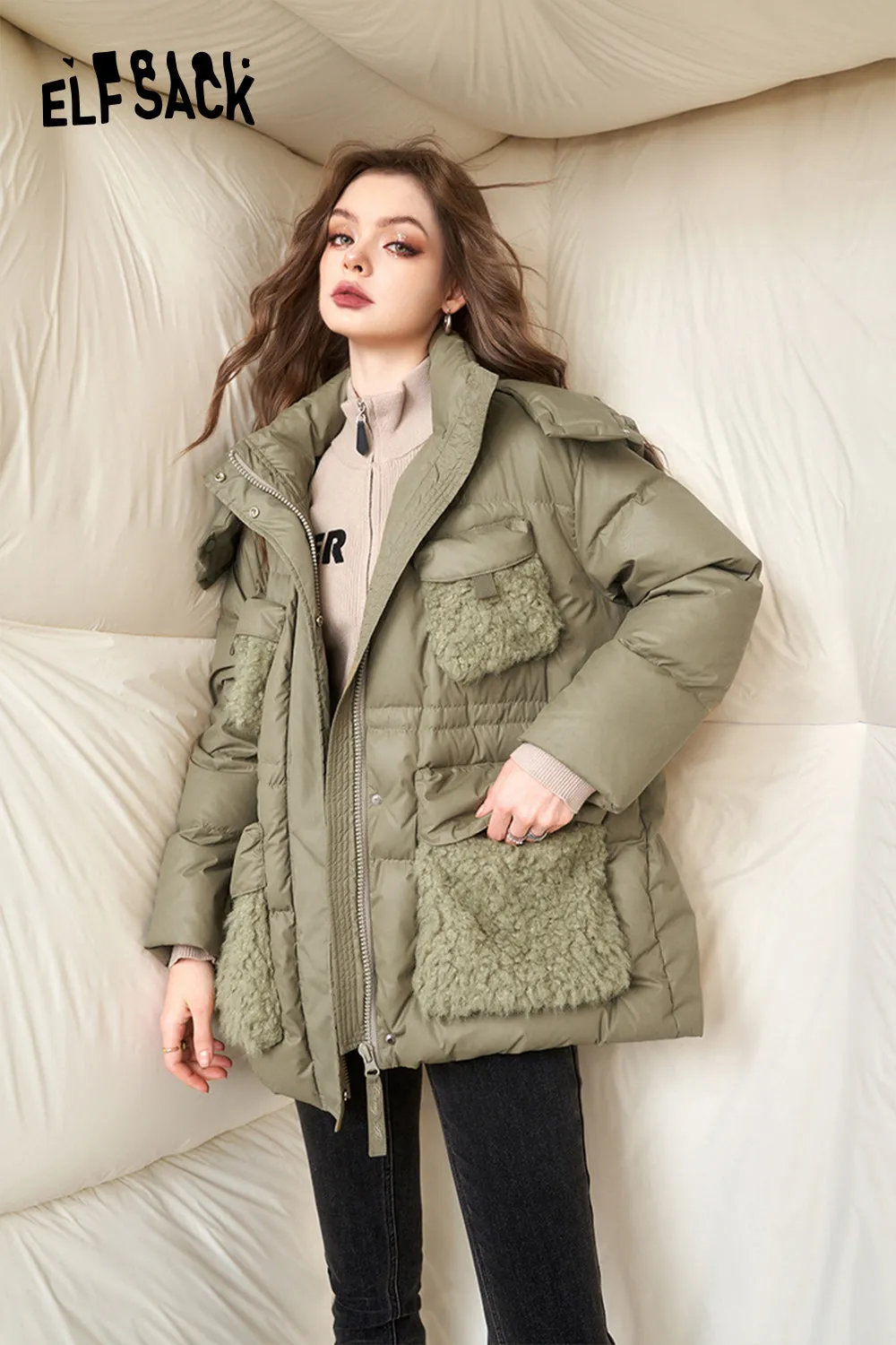 ELFSACK Spliced Thick Down Coats Women 2023 Winter New Korean Fashion Designer Jackets