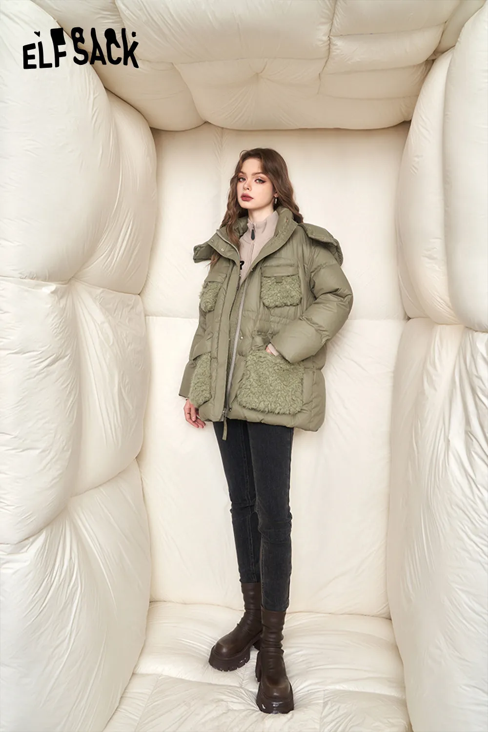 ELFSACK Spliced Thick Down Coats Women 2023 Winter New Korean Fashion Designer Jackets