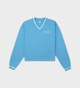Italic Logo V-Neck Sweater - Malibu Blue/White