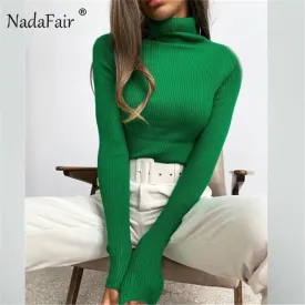 Joskaa Christmas Gift Nadafair Autumn Winter Casual Basic Skinny T Shirt  Long Sleeve Slim Tees Stretched Green Knitted Turtleneck Tops Women 2024