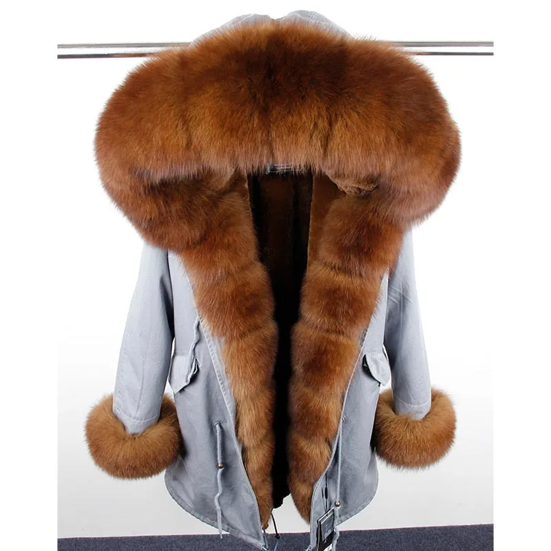 MaoMaoKong natural real fox fur Jacke coat Real Fox Fur Collar Cuff Hooded Coat Short Parka Long Camouflage winter jacket