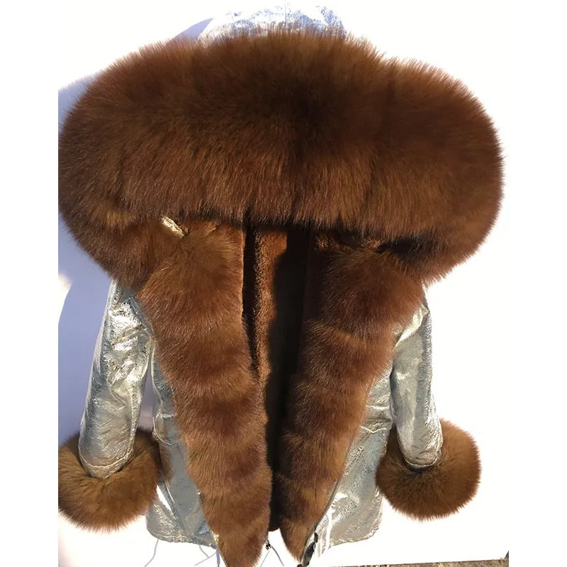 MaoMaoKong natural real fox fur Jacke coat Real Fox Fur Collar Cuff Hooded Coat Short Parka Long Camouflage winter jacket