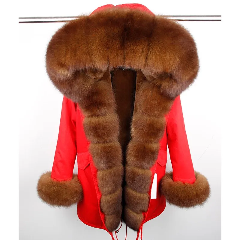 MaoMaoKong natural real fox fur Jacke coat Real Fox Fur Collar Cuff Hooded Coat Short Parka Long Camouflage winter jacket