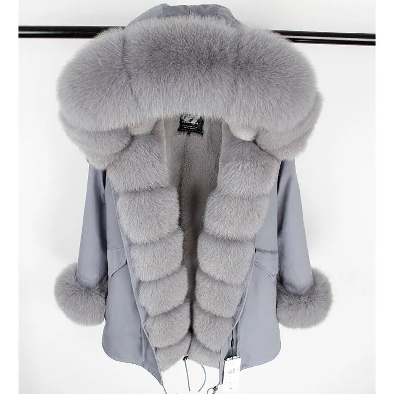 MaoMaoKong natural real fox fur Jacke coat Real Fox Fur Collar Cuff Hooded Coat Short Parka Long Camouflage winter jacket