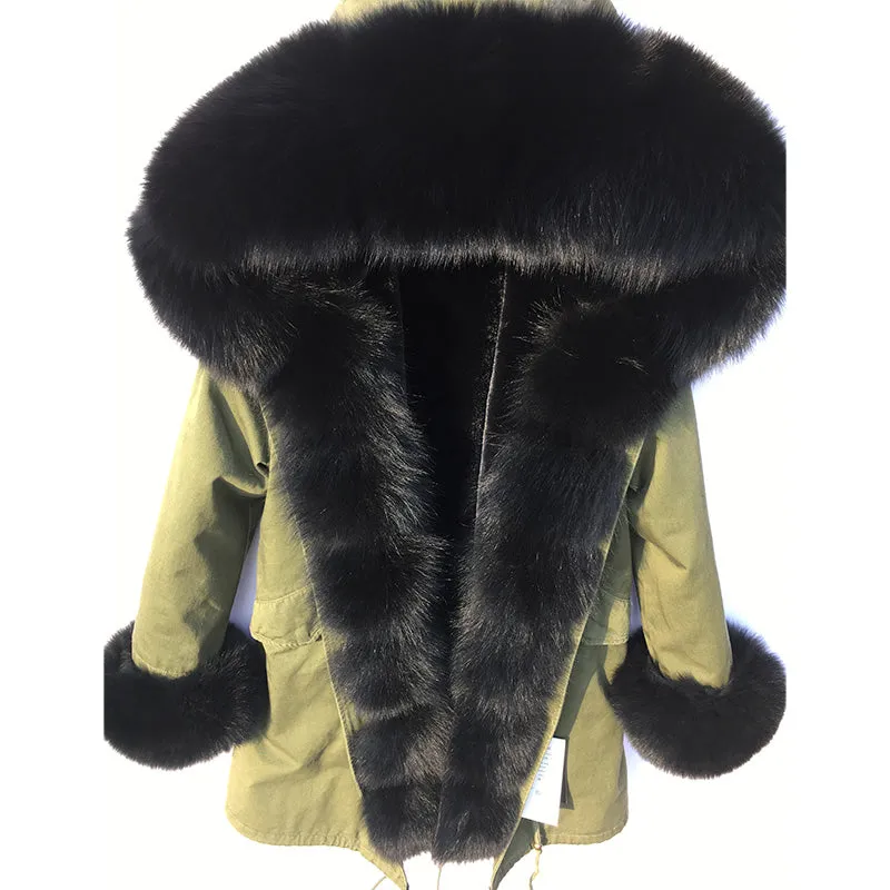 MaoMaoKong natural real fox fur Jacke coat Real Fox Fur Collar Cuff Hooded Coat Short Parka Long Camouflage winter jacket