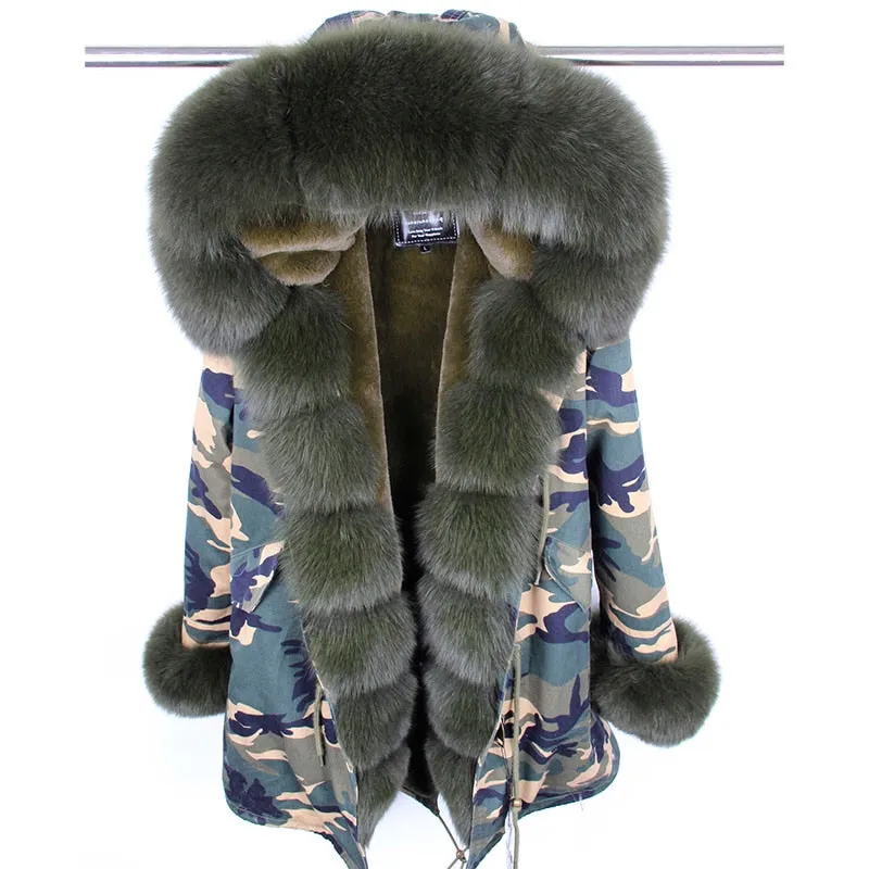 MaoMaoKong natural real fox fur Jacke coat Real Fox Fur Collar Cuff Hooded Coat Short Parka Long Camouflage winter jacket
