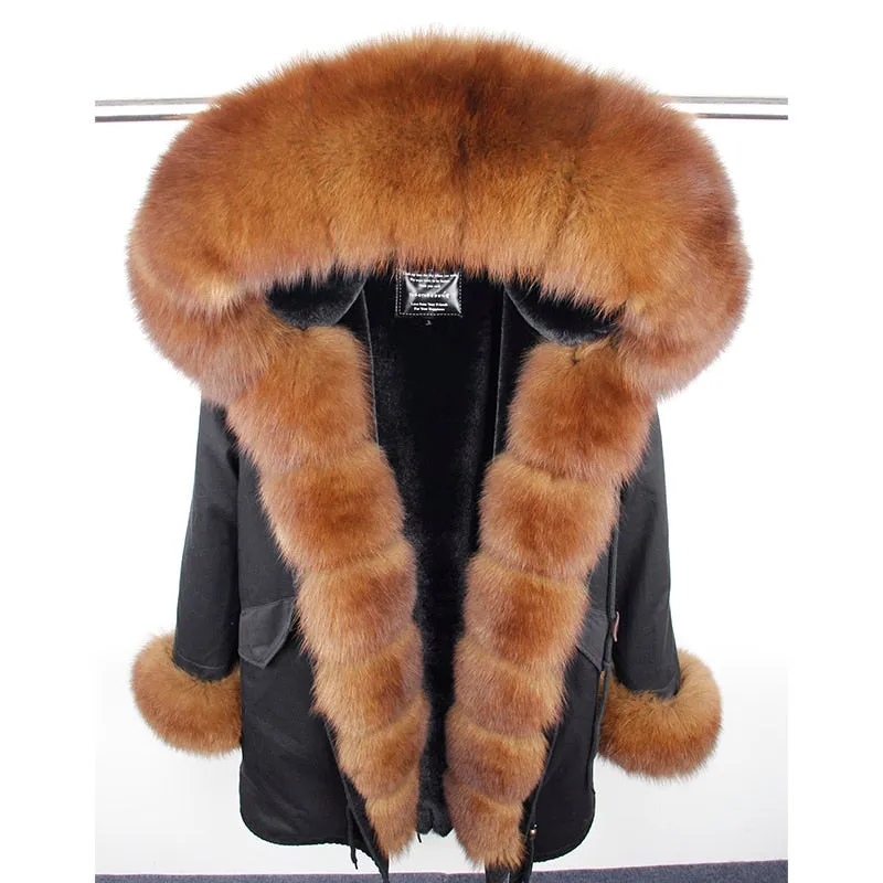 MaoMaoKong natural real fox fur Jacke coat Real Fox Fur Collar Cuff Hooded Coat Short Parka Long Camouflage winter jacket