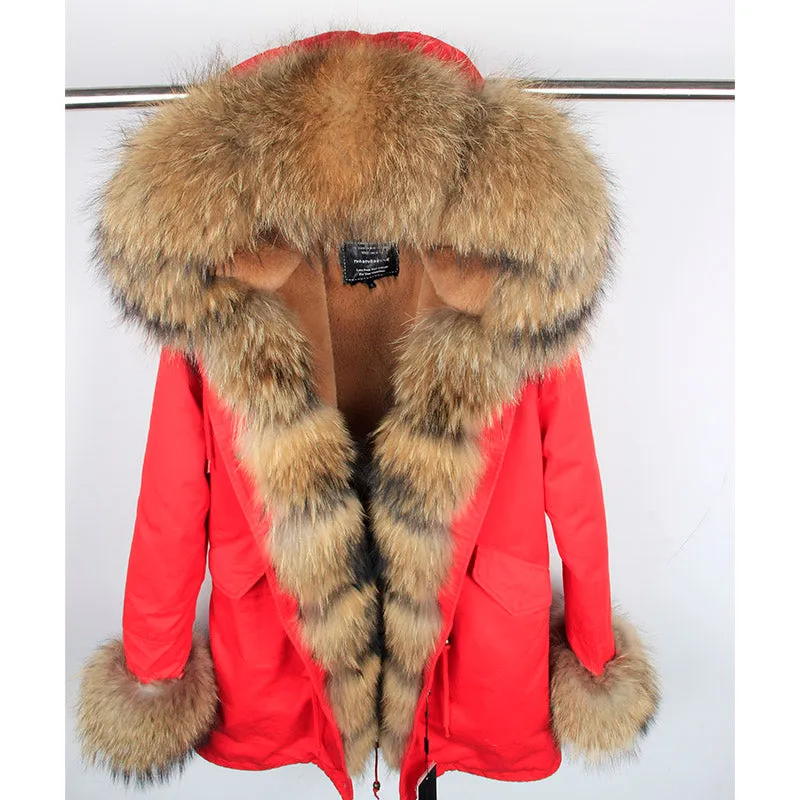 MaoMaoKong natural real fox fur Jacke coat Real Fox Fur Collar Cuff Hooded Coat Short Parka Long Camouflage winter jacket
