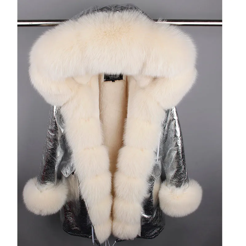 MaoMaoKong natural real fox fur Jacke coat Real Fox Fur Collar Cuff Hooded Coat Short Parka Long Camouflage winter jacket