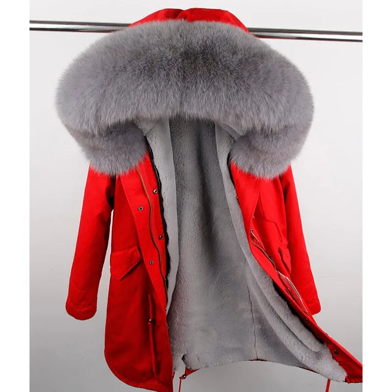 MaoMaoKong natural real fox fur Jacke coat Real Fox Fur Collar Cuff Hooded Coat Short Parka Long Camouflage winter jacket