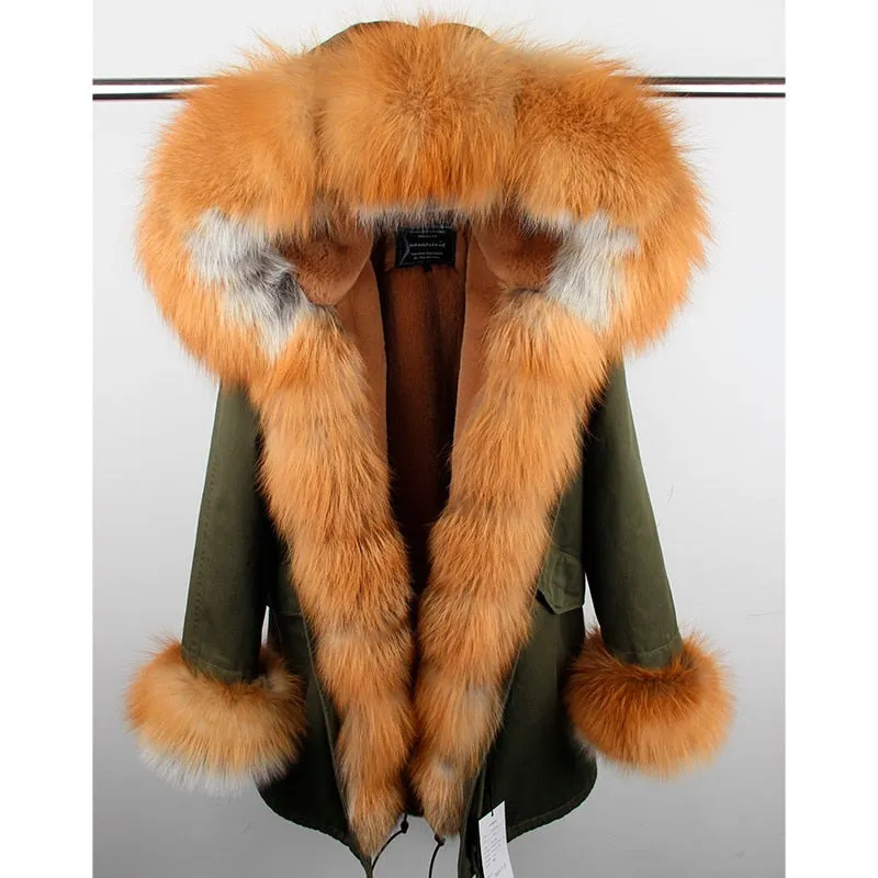 MaoMaoKong natural real fox fur Jacke coat Real Fox Fur Collar Cuff Hooded Coat Short Parka Long Camouflage winter jacket