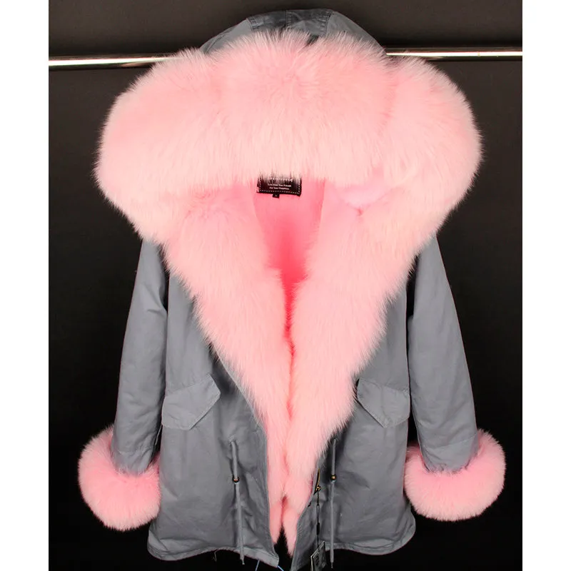 MaoMaoKong natural real fox fur Jacke coat Real Fox Fur Collar Cuff Hooded Coat Short Parka Long Camouflage winter jacket