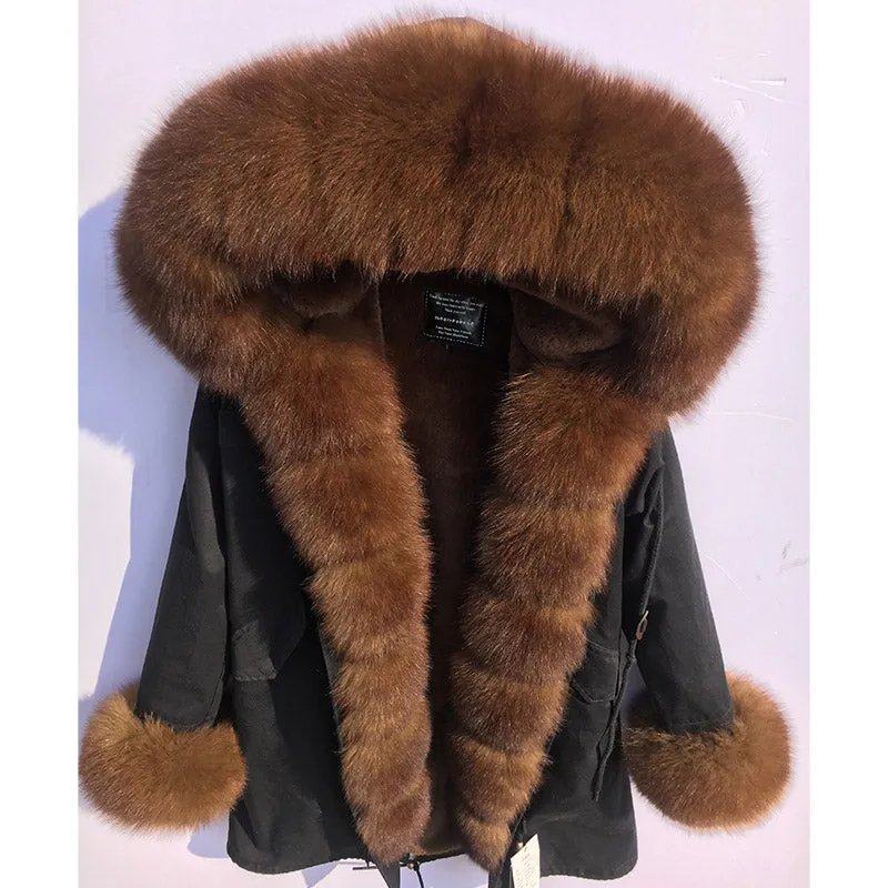 MaoMaoKong natural real fox fur Jacke coat Real Fox Fur Collar Cuff Hooded Coat Short Parka Long Camouflage winter jacket