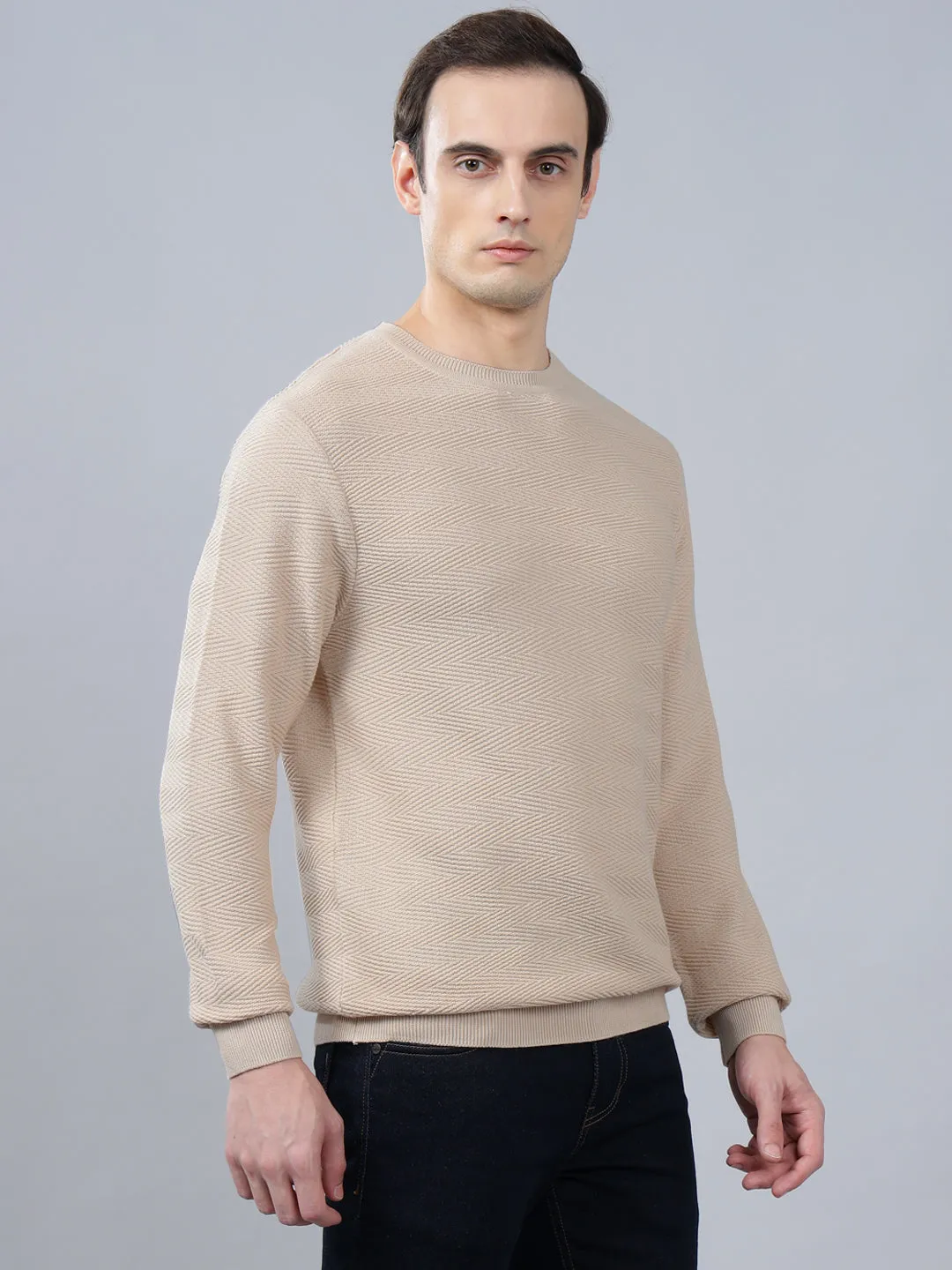 Men's Off White Self Design Full Sleeve Sweater