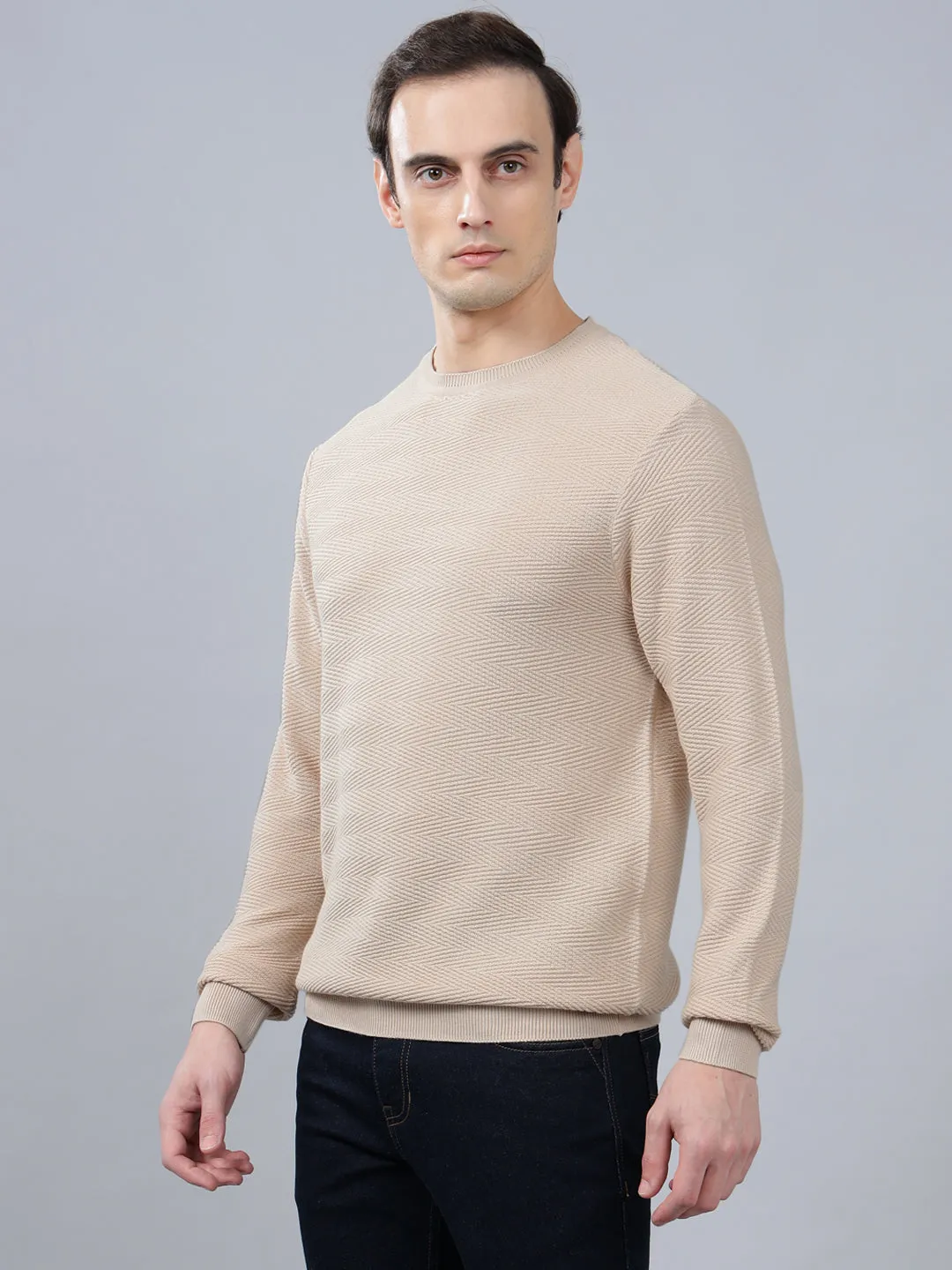 Men's Off White Self Design Full Sleeve Sweater