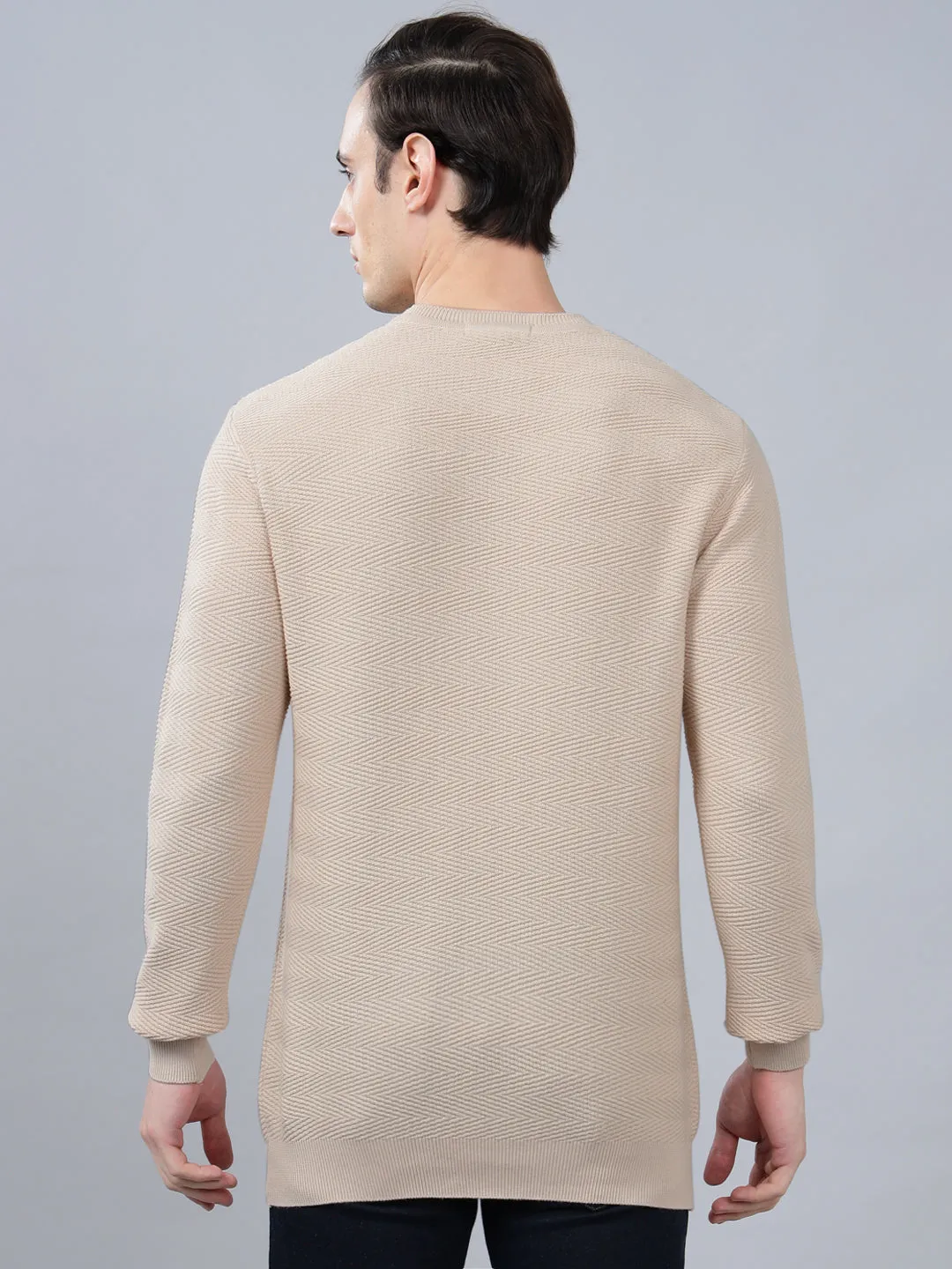 Men's Off White Self Design Full Sleeve Sweater