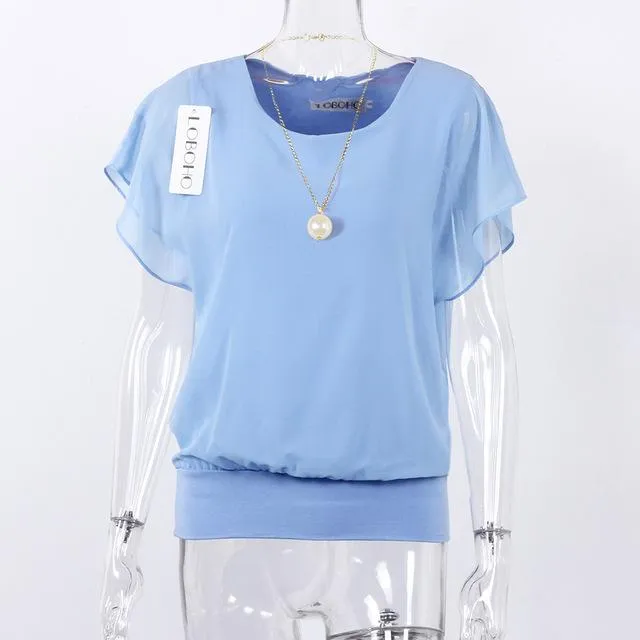 New Womens Tops Fashion 2017 Women Summer Chiffon Blouse Plus Size Ruffle Batwing Short Sleeve Casual Shirt Black White Red Blue