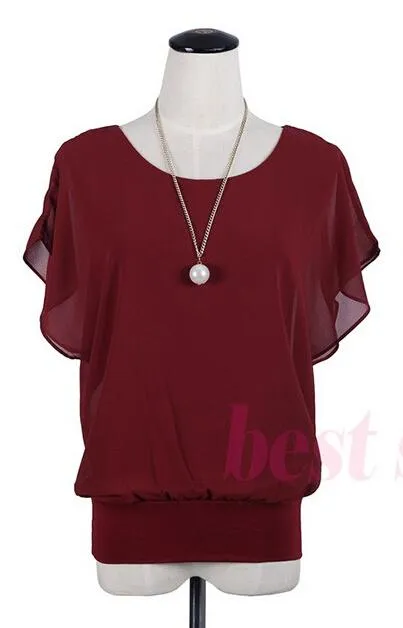 New Womens Tops Fashion 2017 Women Summer Chiffon Blouse Plus Size Ruffle Batwing Short Sleeve Casual Shirt Black White Red Blue