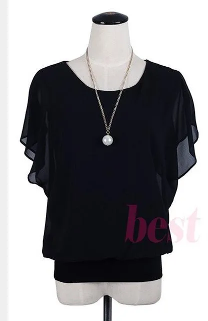 New Womens Tops Fashion 2017 Women Summer Chiffon Blouse Plus Size Ruffle Batwing Short Sleeve Casual Shirt Black White Red Blue