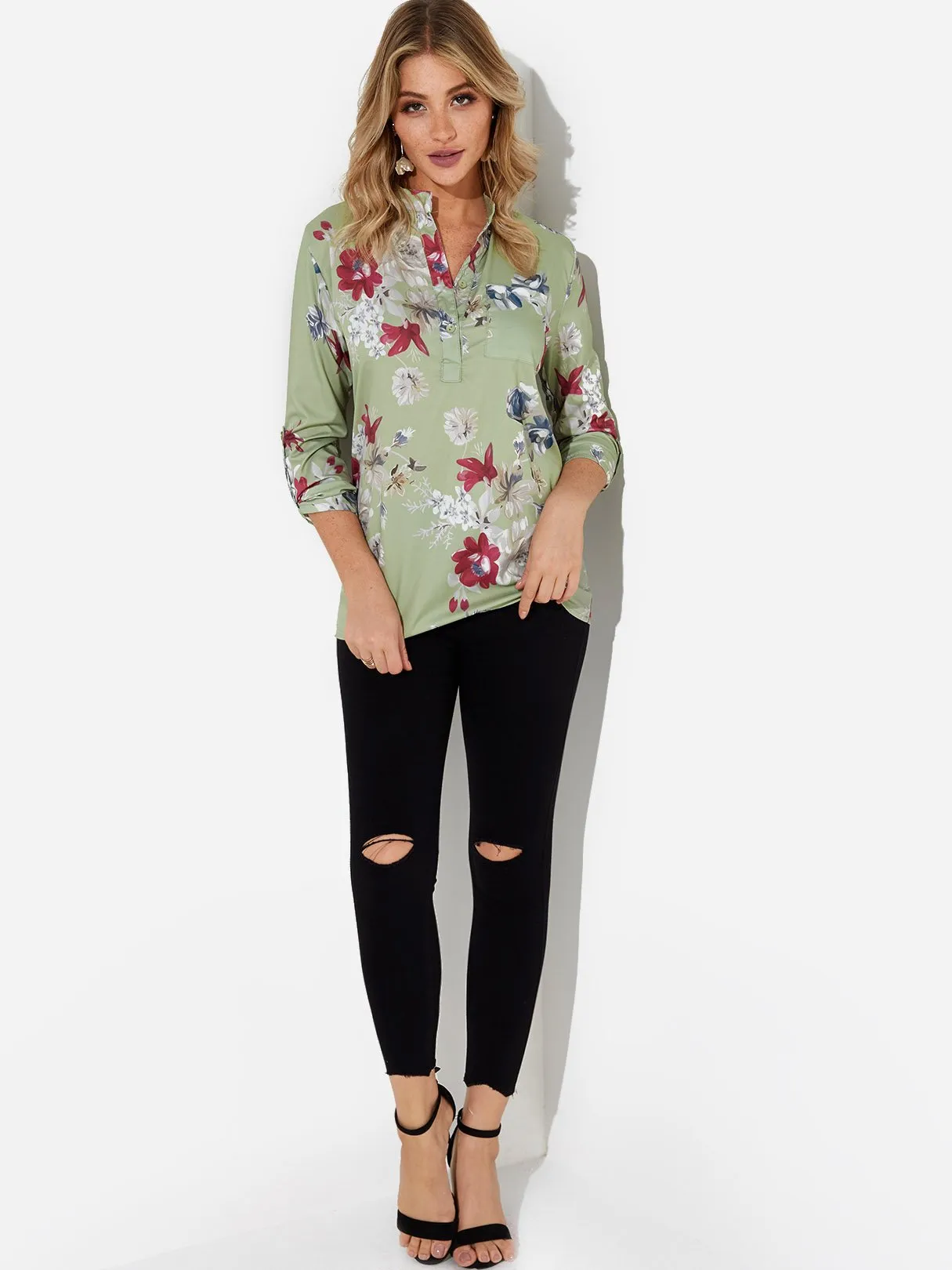 OEM ODM Crew Neck Floral Print 3/4 Sleeve Green Blouses