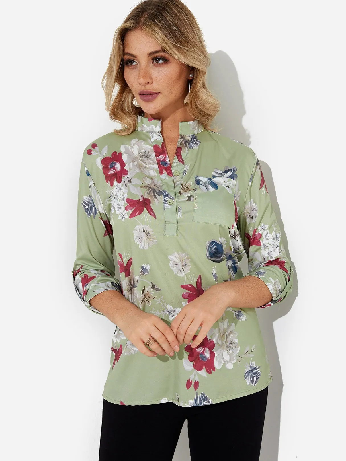 OEM ODM Crew Neck Floral Print 3/4 Sleeve Green Blouses