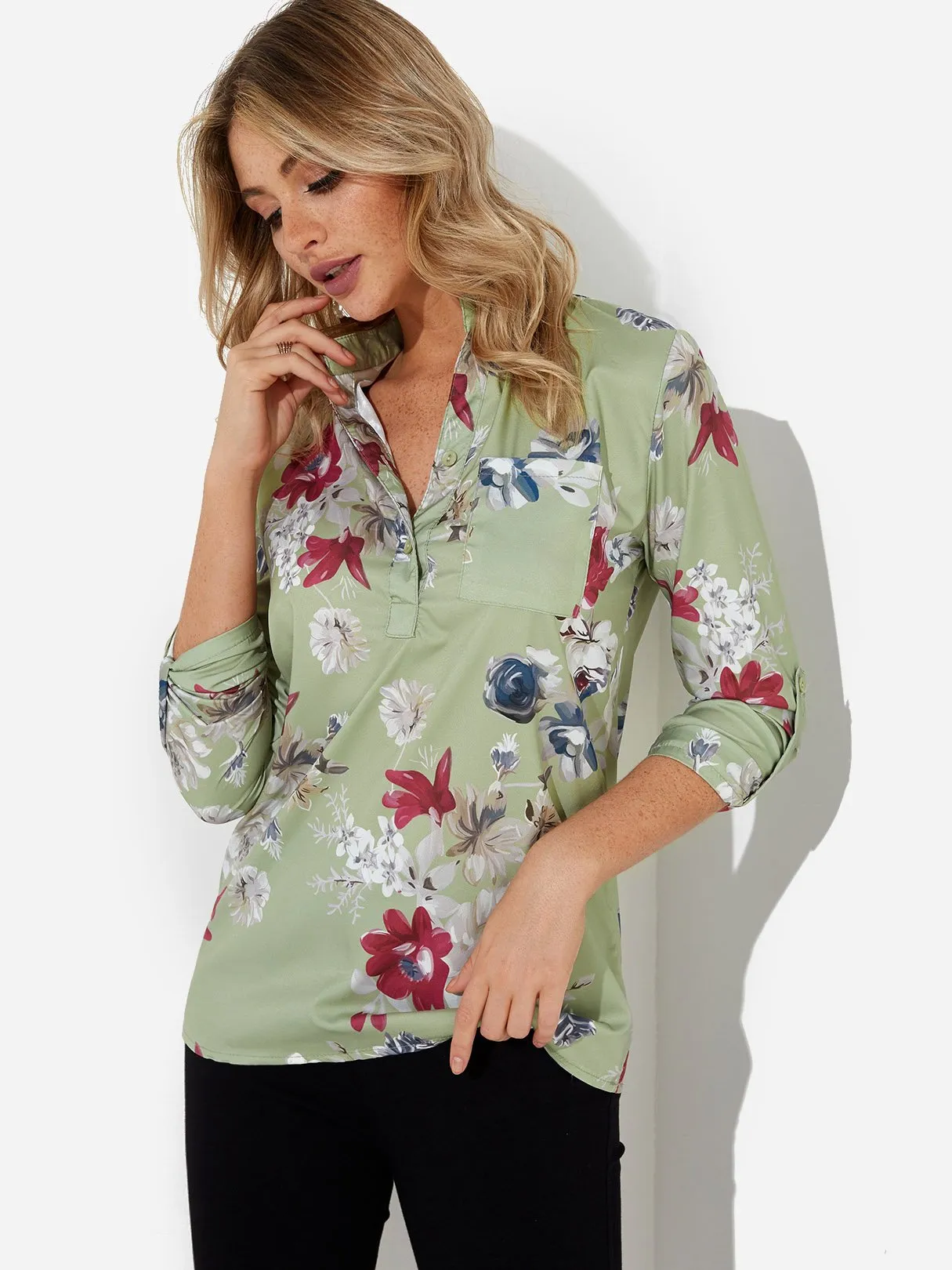 OEM ODM Crew Neck Floral Print 3/4 Sleeve Green Blouses