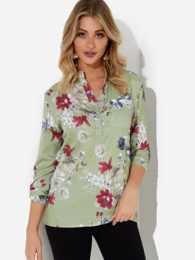 OEM ODM Crew Neck Floral Print 3/4 Sleeve Green Blouses