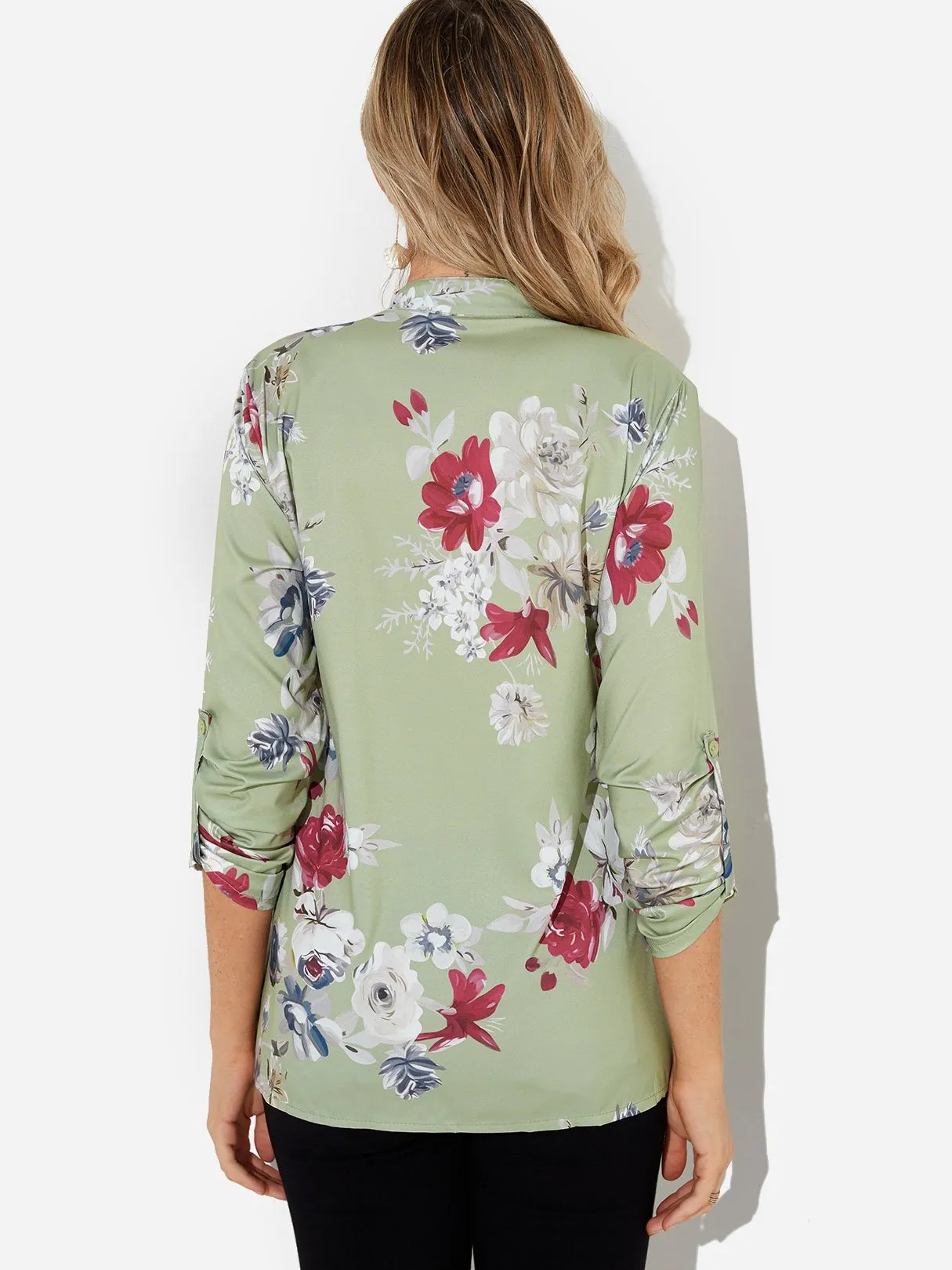 OEM ODM Crew Neck Floral Print 3/4 Sleeve Green Blouses