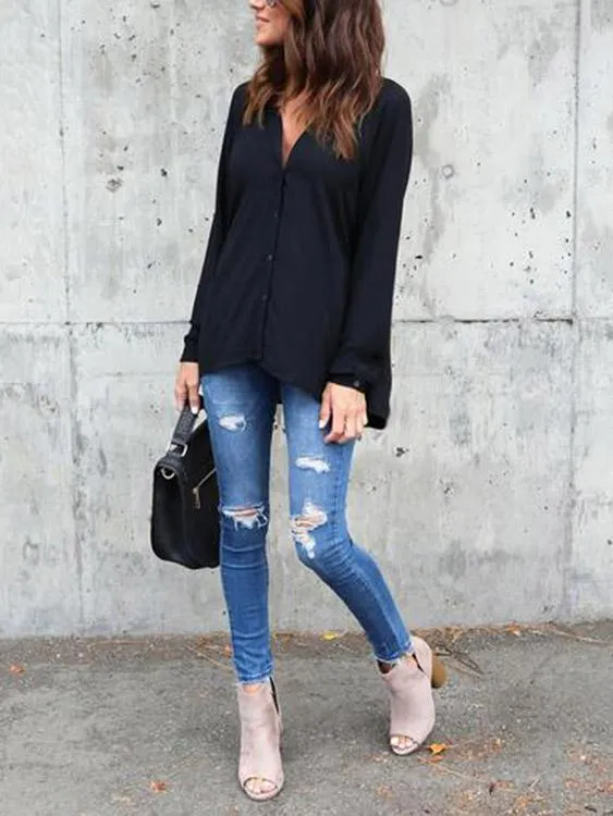 OEM ODM Plain Long Sleeve Black Blouse