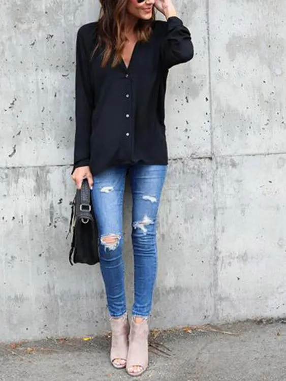 OEM ODM Plain Long Sleeve Black Blouse