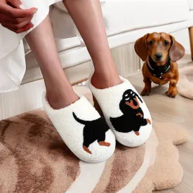 Pet Pattern Dachshund Embroidery stuffed Home Thick Sole plaid Furry Cotton Slippers Cute Warm Non-slip Indoor Slippers Pet Mom Gift