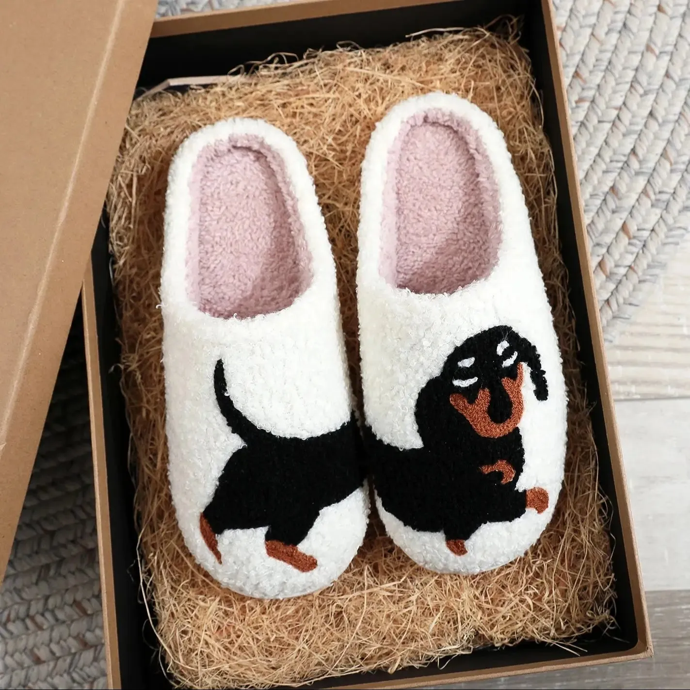 Pet Pattern Dachshund Embroidery stuffed Home Thick Sole plaid Furry Cotton Slippers Cute Warm Non-slip Indoor Slippers Pet Mom Gift