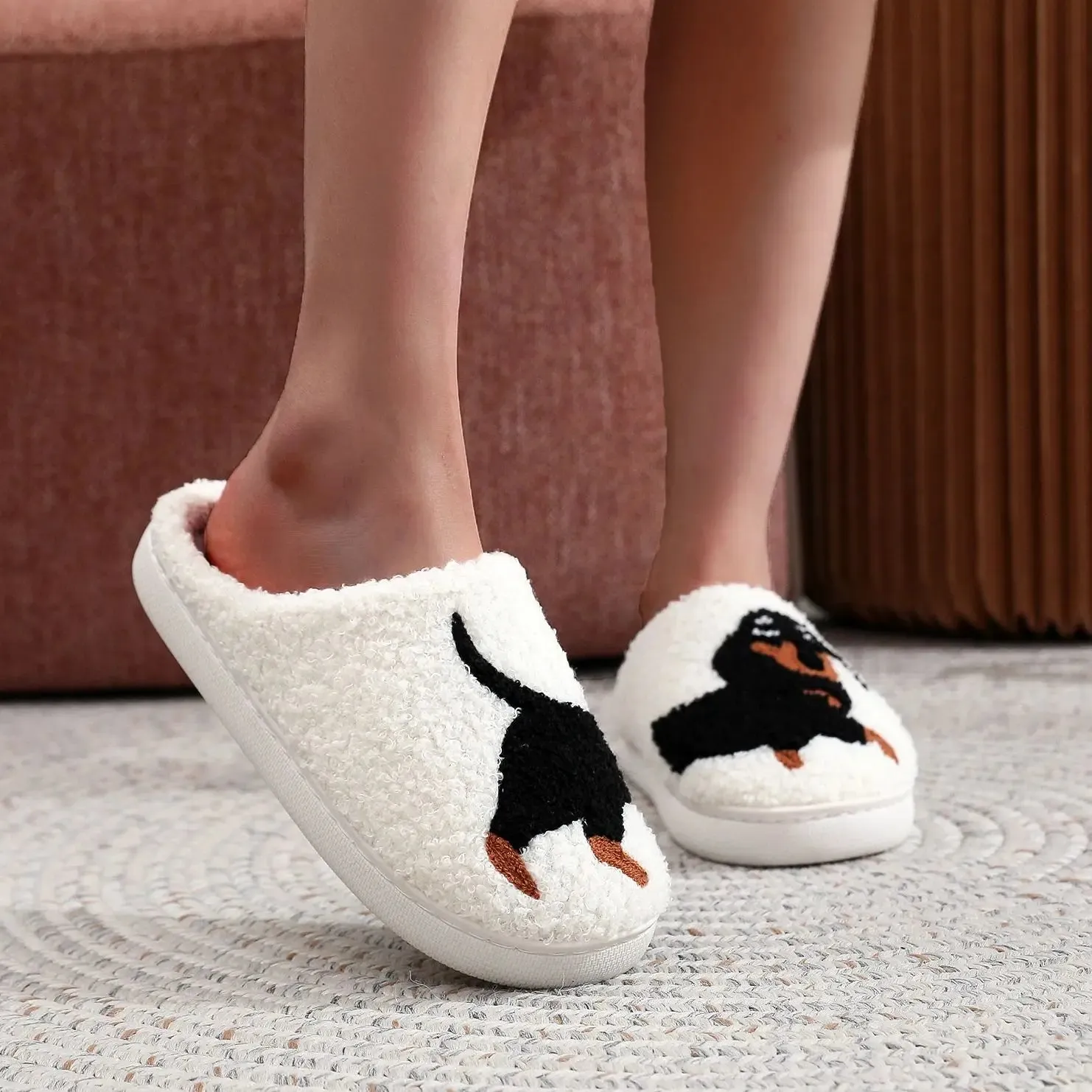 Pet Pattern Dachshund Embroidery stuffed Home Thick Sole plaid Furry Cotton Slippers Cute Warm Non-slip Indoor Slippers Pet Mom Gift