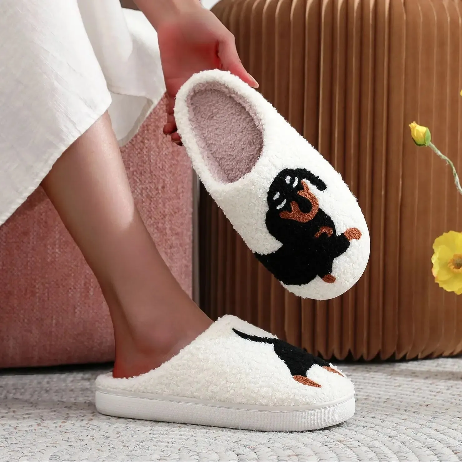 Pet Pattern Dachshund Embroidery stuffed Home Thick Sole plaid Furry Cotton Slippers Cute Warm Non-slip Indoor Slippers Pet Mom Gift