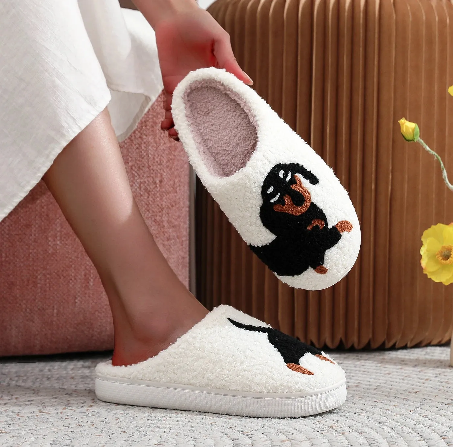 Pet Pattern Dachshund Embroidery stuffed Home Thick Sole plaid Furry Cotton Slippers Cute Warm Non-slip Indoor Slippers Pet Mom Gift