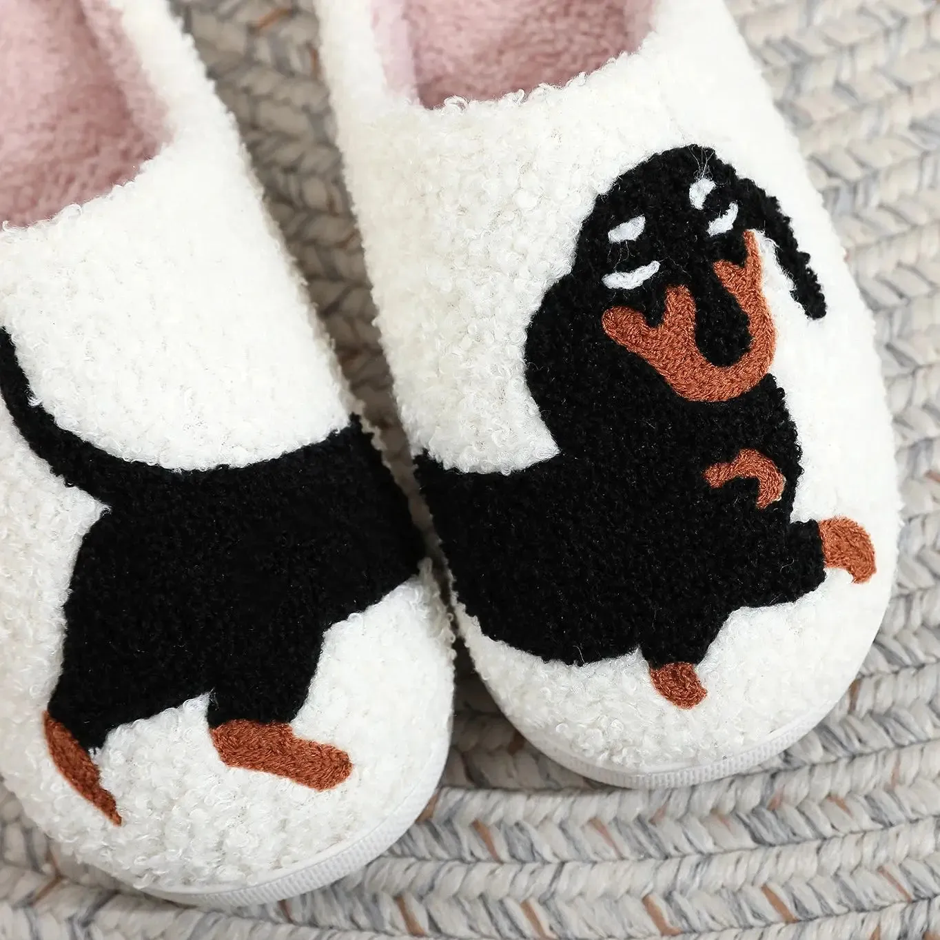 Pet Pattern Dachshund Embroidery stuffed Home Thick Sole plaid Furry Cotton Slippers Cute Warm Non-slip Indoor Slippers Pet Mom Gift